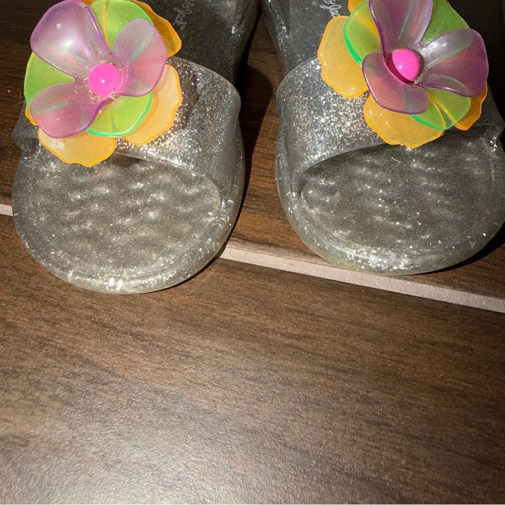 Cat & Jack Toddler Girl’s Kate Clear Glitter Jelly Multicolor Flower Sandals 10